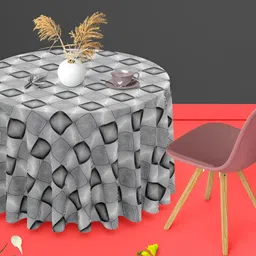 ArtzFolio Grey & Black Geometric Printed Anti-Slip Round 4-Seater Velvet Table Cover-22