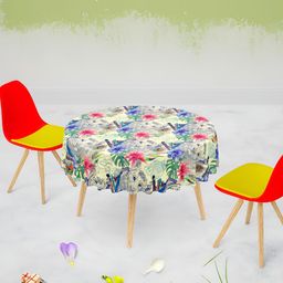 ArtzFolio Off White & Blue Floral Printed Anti-Slip Round 4-Seater Velvet Table Cover-14