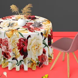 ArtzFolio Yellow & Red Floral Printed Anti-Slip Round 4-Seater Velvet Table Cover-19