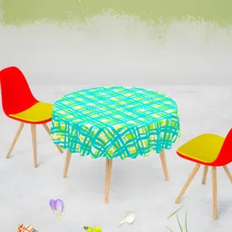 ArtzFolio Blue & Green Geometric Printed Anti-Slip Round 4 Seater Velvet Table Cover-14