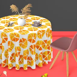 ArtzFolio Orange & White Printed Anti-Slip Velvet Round 4-Seater Table Cover-18