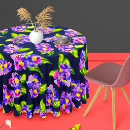 ArtzFolio Navy Blue & Green Floral Printed Canvas Anti-Slip Round 4-Seater Table Cover-image-80