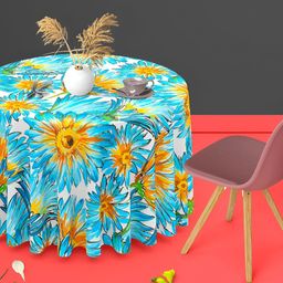 ArtzFolio White & Blue Floral Printed Velvet Anti-Slip Round 4-Seater Table Cover-image-39