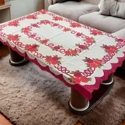BIGGER FISH Pink & White Floral Printed Cotton 4-Seater Table Cover-image-70
