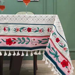 URBAN SPACE White & Pink Printed Pure Cotton 4-Seater Table Cover-99