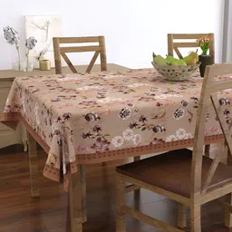EverHOME Brown Floral Anti-Skid Rectangle Cotton 4-Seater Table Cover-image-4