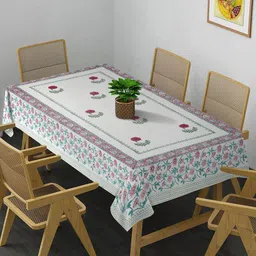 Rajasthan Decor White & Pink Printed Cotton 6-Seater Table Cover-image-42