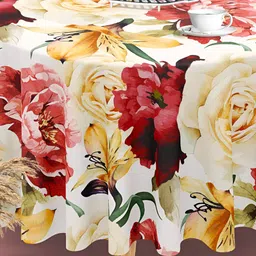 ArtzFolio Cream Coloured Floral Printed Anti-Slip Round 6-Seater Velvet Table Cover-image-16