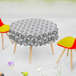 ArtzFolio Grey Geometric Printed Velvet Anti-Slip Round 6-Seater Table Cover-7