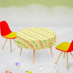 ArtzFolio Yellow & Green Anti-Slip Velvet Round 6-Seater Table Cover-6