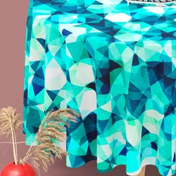 ArtzFolio Cream & Blue Printed Velvet Anti-Slip Round 6-Seater Table Cover-16