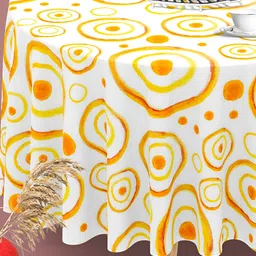 ArtzFolio White & Yellow Printed Velvet Anti-Slip Round 6-Seater Table Cover-10