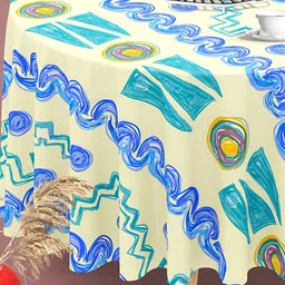 ArtzFolio Beige & Blue Geometric Printed Anti-Slip Round 6-Seater Table Cover-2