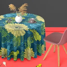 ArtzFolio Blue & Yellow Printed Anti-Slip Round 6-Seater Table Cover-3