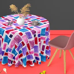 ArtzFolio Red & Blue Geometric Printed Anti-Slip Round 6-Seater Table Cover-25