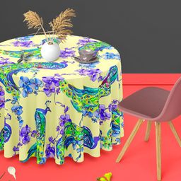 ArtzFolio Yellow & Green Printed Velvet Anti-Slip Round Table Cover-3