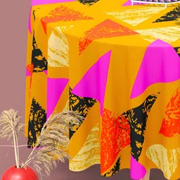 ArtzFolio Pink and Yellow Anti-Slip Round 6-Seater Table Cover-44