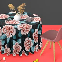 ArtzFolio Black & Pink Floral Print Anti-Slip Round 8 Seater Table Cover-image-71
