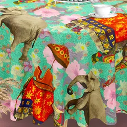 ArtzFolio Beige & Green Animal Printed Anti-Slip Round 8-Seater Table Cover-34