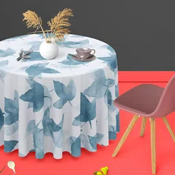 ArtzFolio White and Teal Floral Printed Anti-Slip Round 8-Seater Table Cover-3