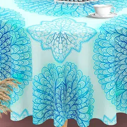 ArtzFolio Blue & White Floral Printed Anti-Slip Round 8-Seater Table Cover-image-80