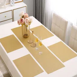 HOKIPO 5 Pieces Beige Solid Table Placemats With Runner-4
