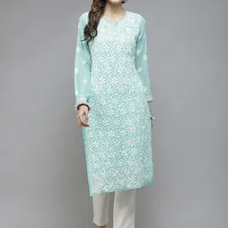 ADA Women Sea Green Ethnic Motifs Embroidered Chikankari Handloom Georgette Handloom Kurta & Slip-image-42