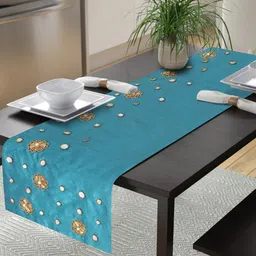 Alina decor Teal-Blue & White Embroidered 6-Seater Table Runner-10