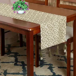 Mezposh Beige Floral Embroidered Faux Silk 6 Seater Table Runner-13