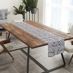 Tasseled Home White & Red Indie Floral Printed Rectangular Table Runner-4