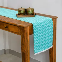 TARAN LIVING Sea Green & White Motifs Printed Cotton Rectangle Table Runner-5