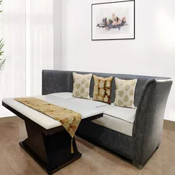 Good Vibes Brown & Gold-Toned 4 Pieces Printed Square Cushion Covers and Table Runner-50