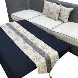 Good Vibes Grey & Gold-Toned 4 Pieces Printed Square Cushion Covers and Table Runner-12