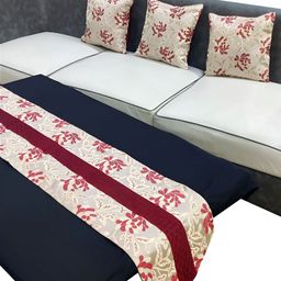 Good Vibes Maroon & Gold-Toned 4 Pieces Printed Square Cushion Covers and Table Runner-30