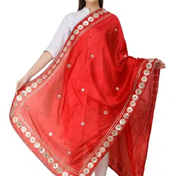Exotic India Embroidered Art Silk Dupatta with Patchwork-image-53