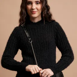 Tokyo Talkies Black Self Design Acrylic Pullover-image-83