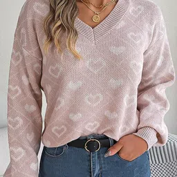 StyleCast Pink & White Conversational Printed V-Neck Pullover Sweater-picture-17