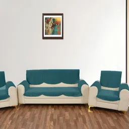 Sparrow world Teal 12 Pieces Solid Velvet 5 Seater Sofa Cover With Arms-image-9