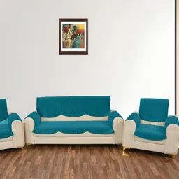 Sparrow world Turquoise Blue 12 Pieces Velvet 5 Seater Sofa Cover With Arms-image-9