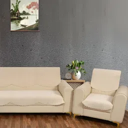 Sparrow world Beige 6 Pieces Quilted Velvet 5 Seater Sofa Covers-image-10