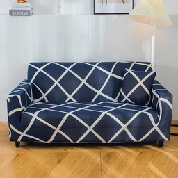HOUSE OF QUIRK Navy Blue Diamond 1-Seater Stretchable Sofa Cover-image-89