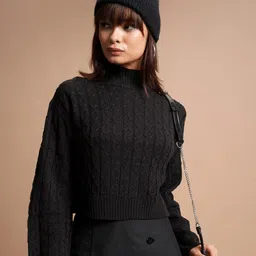 Tokyo Talkies Black Cable Knit High Neck Pullover-image-45