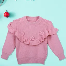 Baby Moo Girls Pink Flowers And Frills Premium Full Sleeves Knitted Ribbed Sweater-image-67