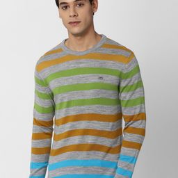 Peter England Casuals Men Grey & Green Striped Pullover-picture-14