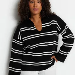 Trendyol Plus Size Striped Printed Acrylic Pullover Sweater-17