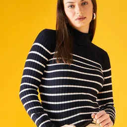 98 Degree North Striped Turtle Neck Cotton Pullover-image-65