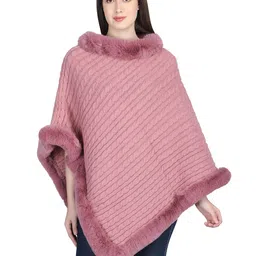 Stole & Yarn Women Striped Pink Knitted Fur Collar Poncho-image-43