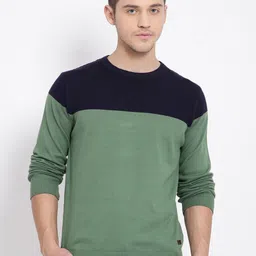 t-base Men Green & Navy Blue Colourblocked Cotton Pullover-image-15