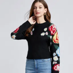 JC Collection Women Black & Red Floral Printed Crop Pullover-picture-54