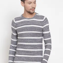 KLOTTHE Men Grey & White Striped Pullover Sweater-image-3